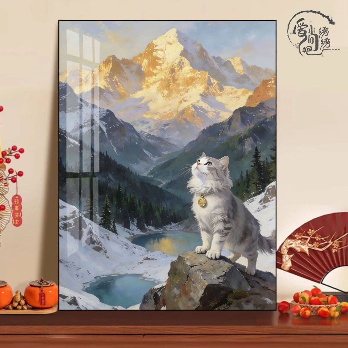 十字绣日照金山招财猫新款原创高级感艺术线绣客厅玄关手工绣diy