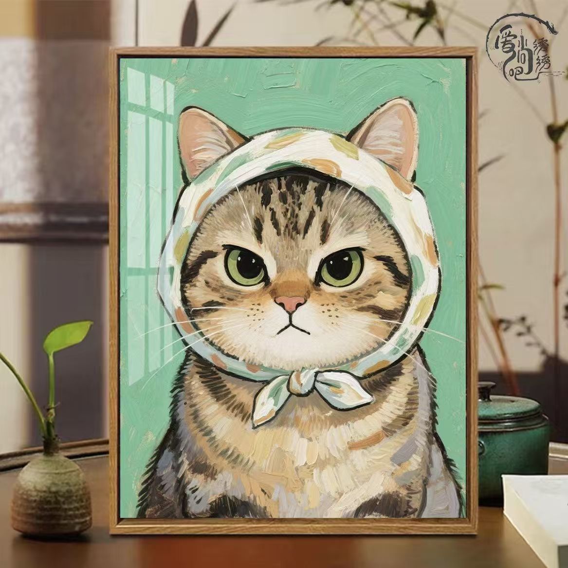 卡通戴头巾猫咪十字绣新款高颜值可爱趣味线绣客厅玄关手工绣diy