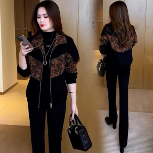 气质大码 时尚 妈妈装 翻领印花加绒短外套秋冬新款 减龄夹克上衣 女装