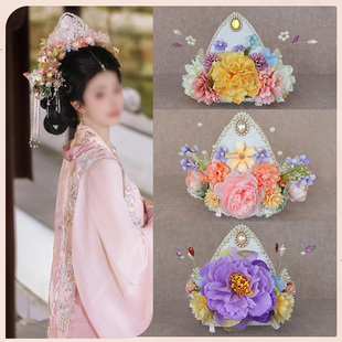 古风唐宋妆造演出整顶假发套发饰宋制簪花冠仙气绢花珍珠莲花发冠