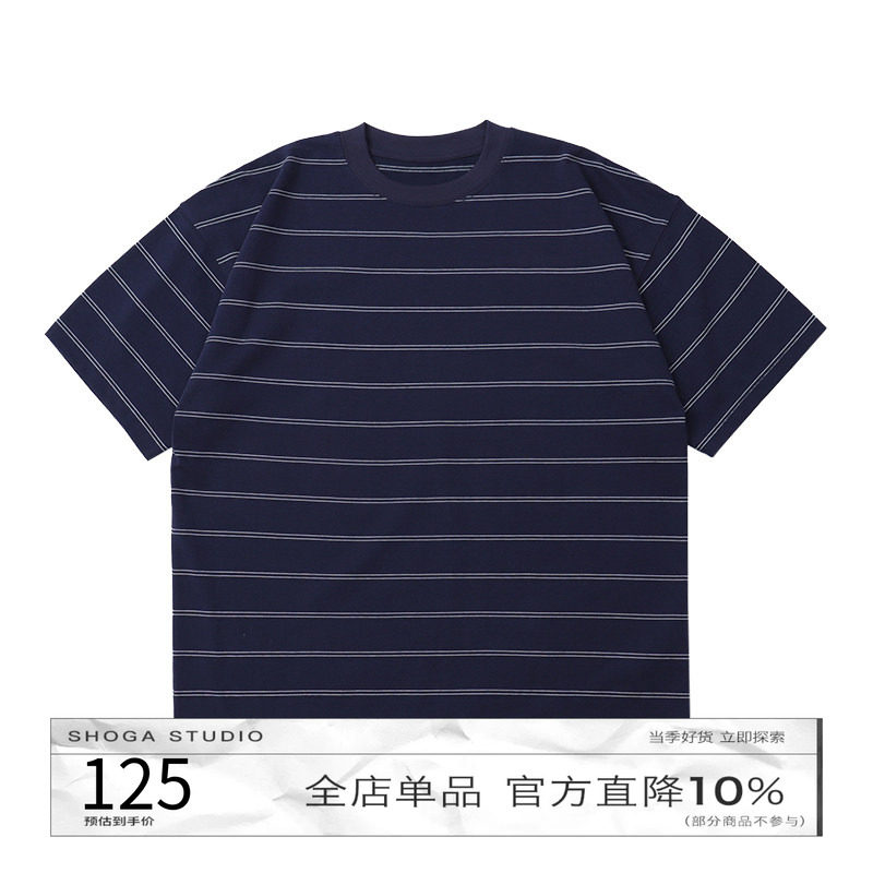 SHOGA日系复古240G双纱条纹短袖T恤男夏季新品宽松百搭五分袖上衣