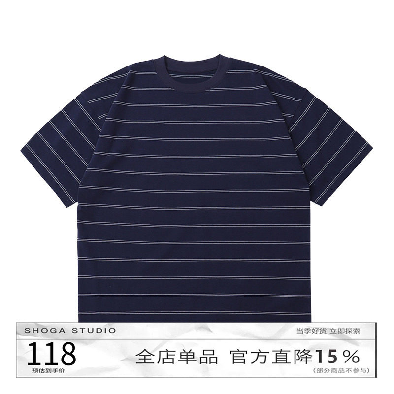 SHOGA日系复古240G双纱条纹短袖T恤男夏季新品宽松百搭五分袖上衣