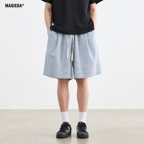 MAQIEDA夏季竖条纹宽松五分短裤