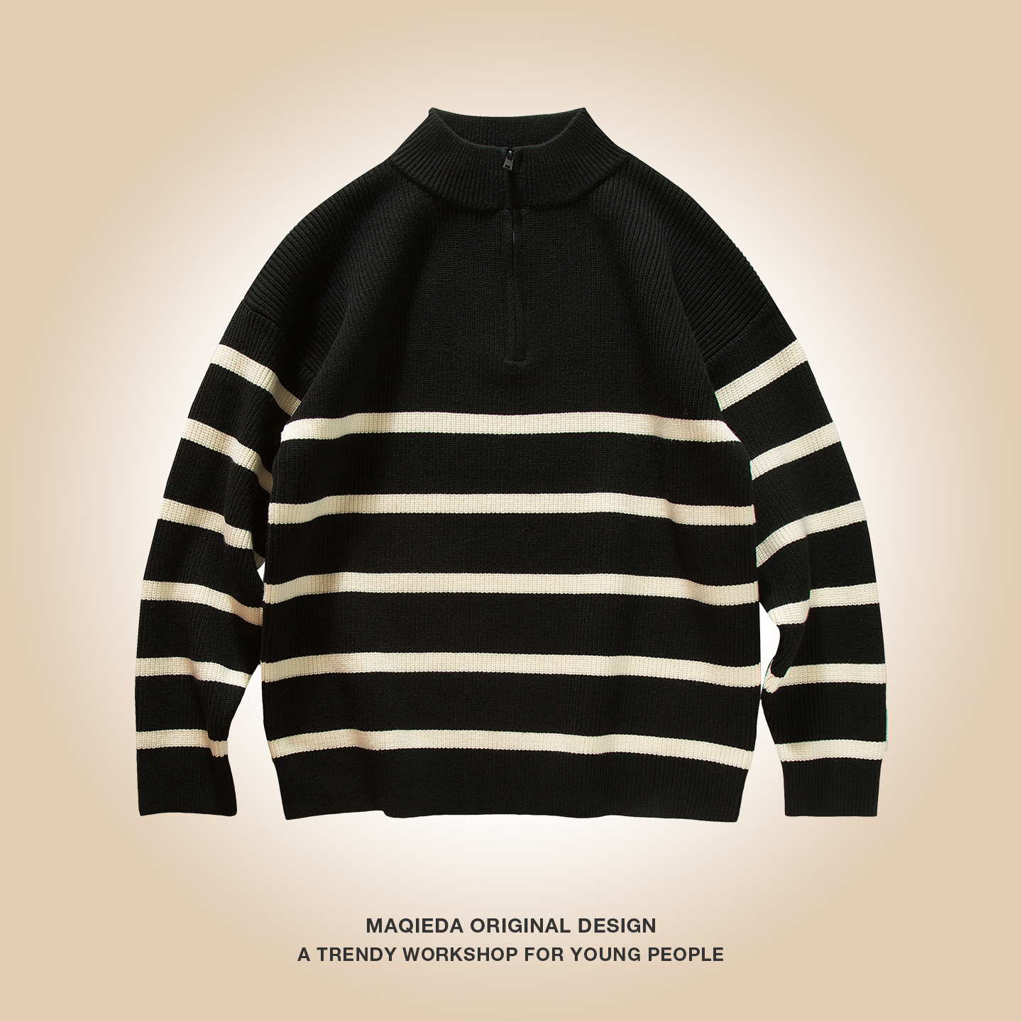 马切达美式条纹半拉链针织衫