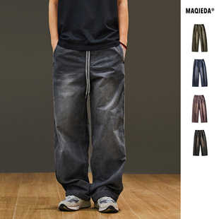 百搭纯棉裤 春季 直筒水洗侧条纹长裤 日系复古显瘦休闲裤 子潮牌 男士