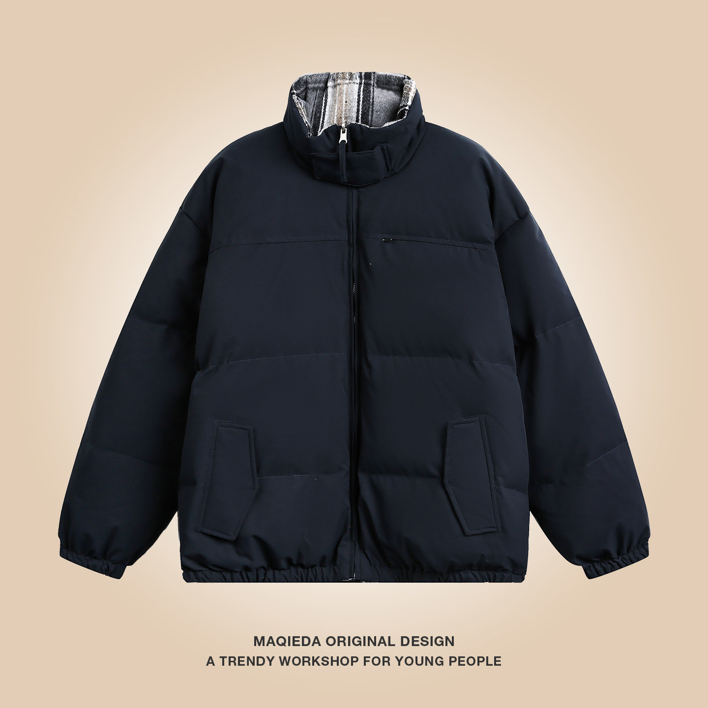 马切达日系格纹复古双面穿羽绒服