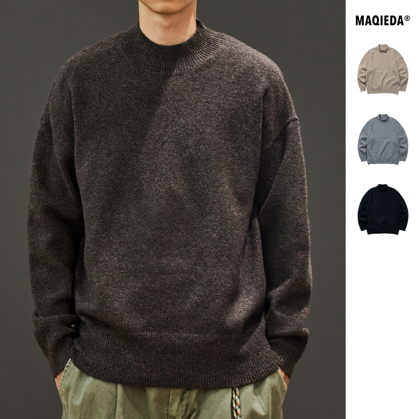 日系纯色氛围感磨毛小高领毛衣男