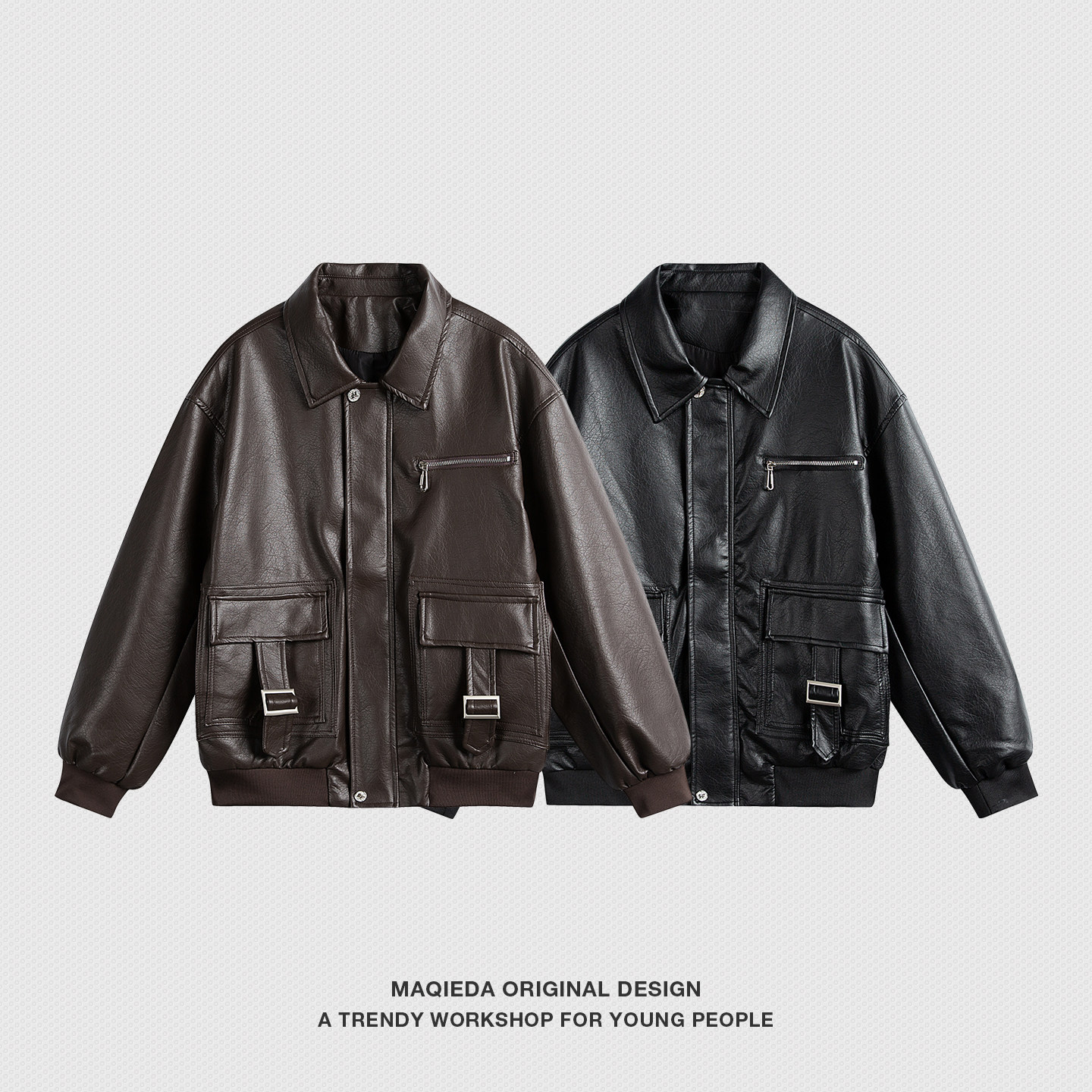马切达2026年复古机车风PU皮夹克男春季宽松翻领多口袋痞帅外套潮,男装,夹克,淘宝优惠券,粉丝福利购,淘宝优惠卷