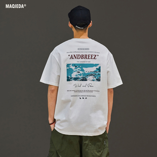 情侣宽松T恤纯棉小众五分袖 美式 设计感冲浪印花男生休闲短袖 夏季