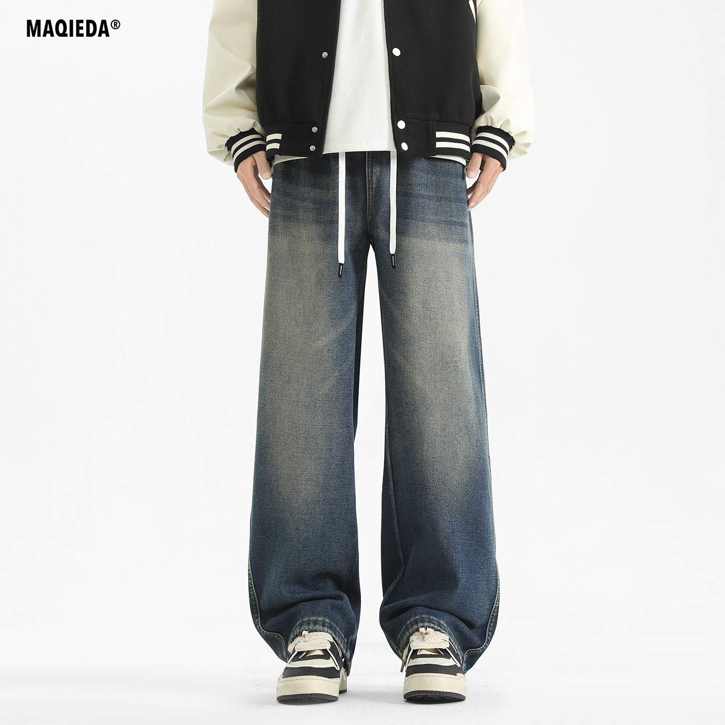 马切达冬季加绒男款阔腿美式长裤水洗抽绳复古牛仔裤高街潮牌男裤,男装,牛仔裤,淘宝优惠券,粉丝福利购,淘宝优惠卷