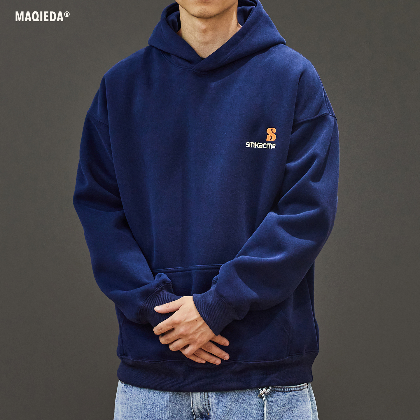 秋冬男美式简约刺绣连帽重磅卫衣