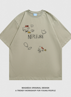 MAQIEDA涂鸦kitty猫印花男女情侣短袖T恤夏季纯棉休闲美式五分袖