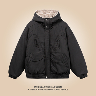 马切达冬季2025新款工装加绒棉服男款户外保暖棉衣美式复古外套潮