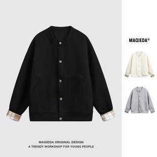 马切达春季 卫衣 华夫格日系无领男女外套情侣休闲宽松复古宽松开衫