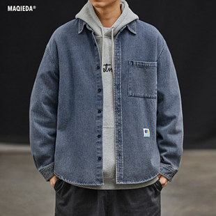 潮牌宽松长袖 男士 休闲复古小贴标衬衣 日系水洗牛仔衬衫 马切达秋季