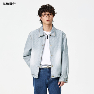 马切达日系复古条纹牛仔外套男宽松翻领水洗做旧复古夹克春季 潮牌