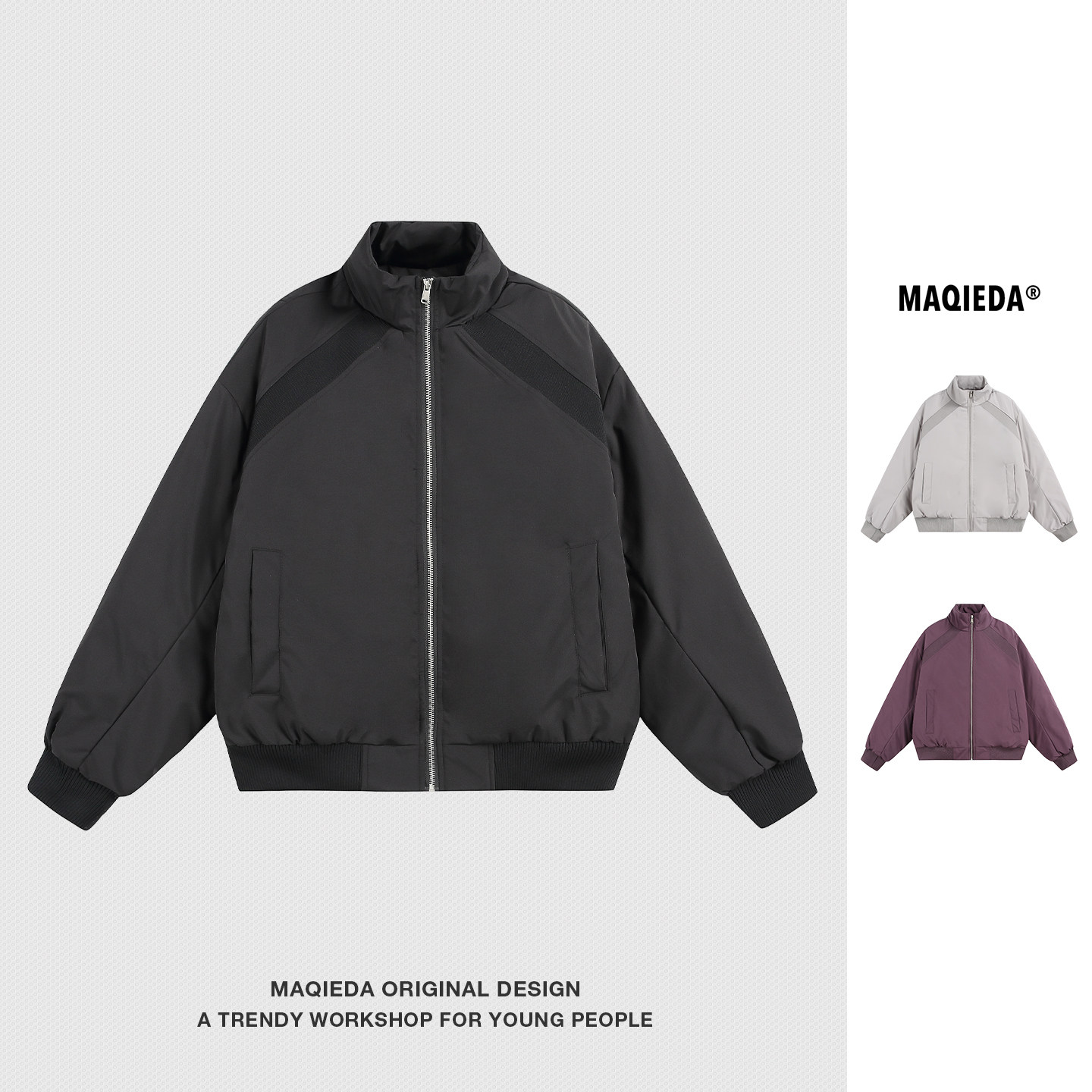 MAQIEDA冬季美式飞行拼接男款棉衣纯色帅气休闲棉服帅气男生冬装