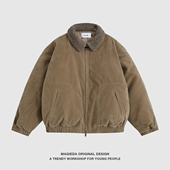 马切达美式 复古羊羔绒翻领棉衣男宽松加厚保暖麂皮工装 棉服外套男