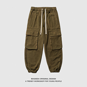 马切达秋冬日系纯棉男裤 男直筒宽松抽绳长裤 工装 多口袋束脚休闲裤