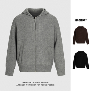 马切达冬季美式重磅连帽男款宽松针织衫痞帅潮牌开衫毛衣男装外套