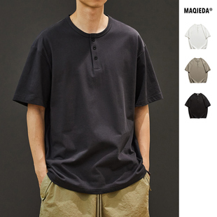 T恤复古纯色百搭男装 透气日系亨利领通勤纯棉休闲短袖 tee 男士 夏季