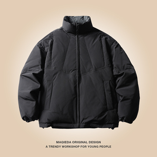 马切达冬季两面穿男生帅气纯色百搭羽绒服男款美式立领潮牌外套