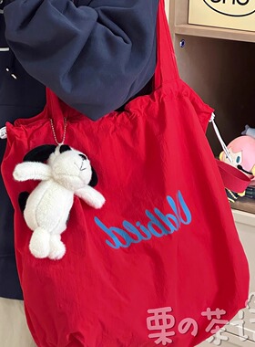 日系ins红色帆布包包女 简约休闲单肩包学生大容量轻便休闲托特包