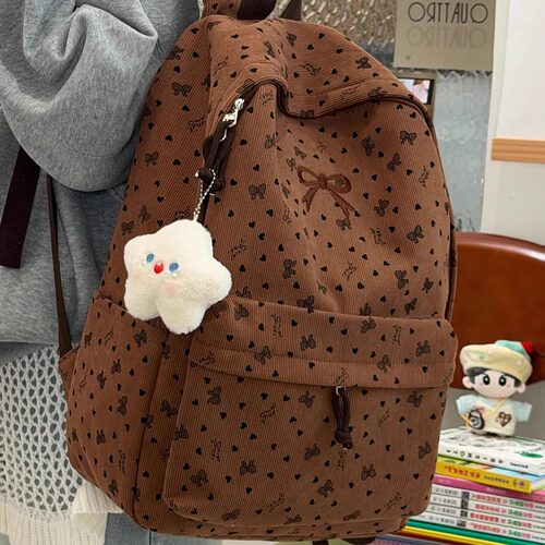 日系ins少女心蝴蝶结书包 初高中学生双肩包大容量秋冬灯芯绒背包