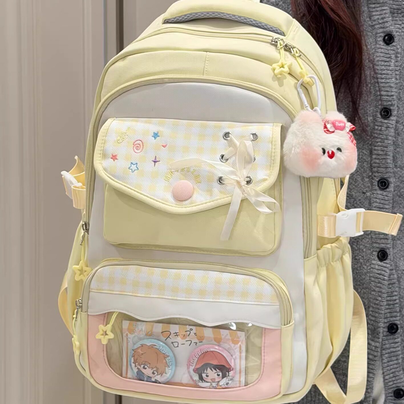 茶话会奶黄色可爱百搭格子双肩包初中女生高中学生书包大容量背包