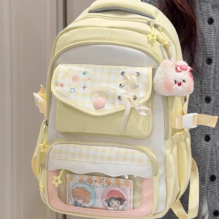 茶话会奶黄色可爱百搭格子双肩包初中女生高中学生书包大容量背包