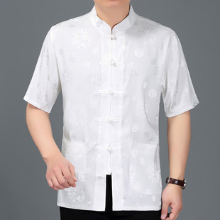 薄款 短袖 夏季 衬衫 中式 中年男士 纯色立领大码 新款 唐装 汉服盘扣半袖
