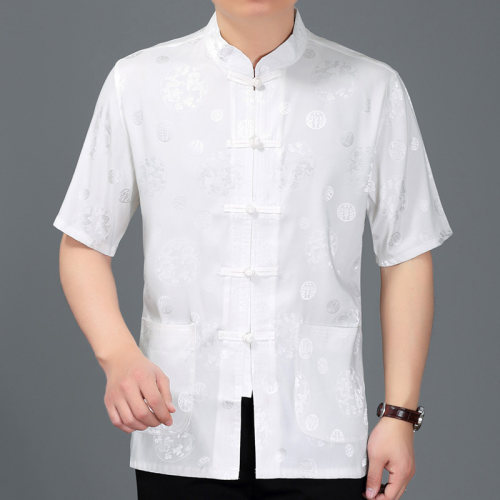 中年男士短袖唐装夏季纯色立领