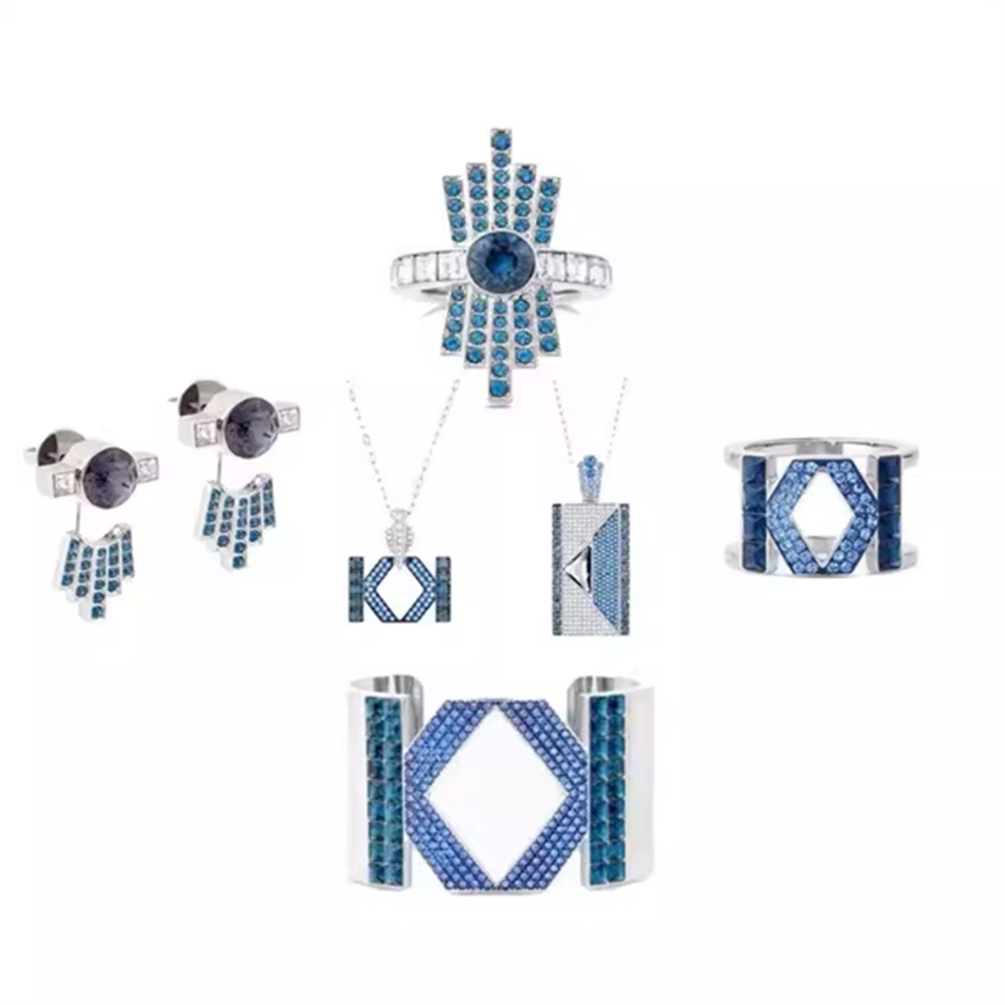 新品字母K造型项链女戒指手镯蓝色水晶镶嵌信封耳钉耳饰百搭礼物