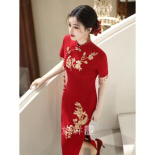 红色旗袍小个子订婚礼服敬酒服晨袍女新娘出阁宴便装回门服