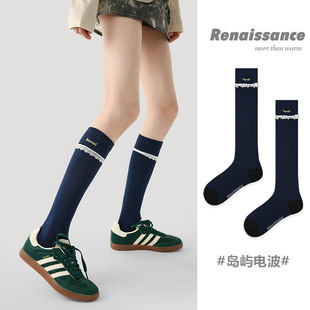 Renaissance原创女袜秋冬新款 藏蓝字母蕾丝公主袜显瘦小腿袜子女