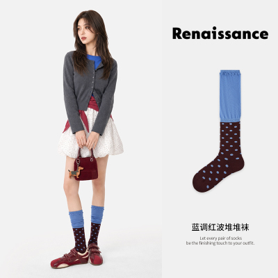 Renaissance原创撞色拼接袜子女蓝红波点堆堆袜显瘦中长筒小腿袜