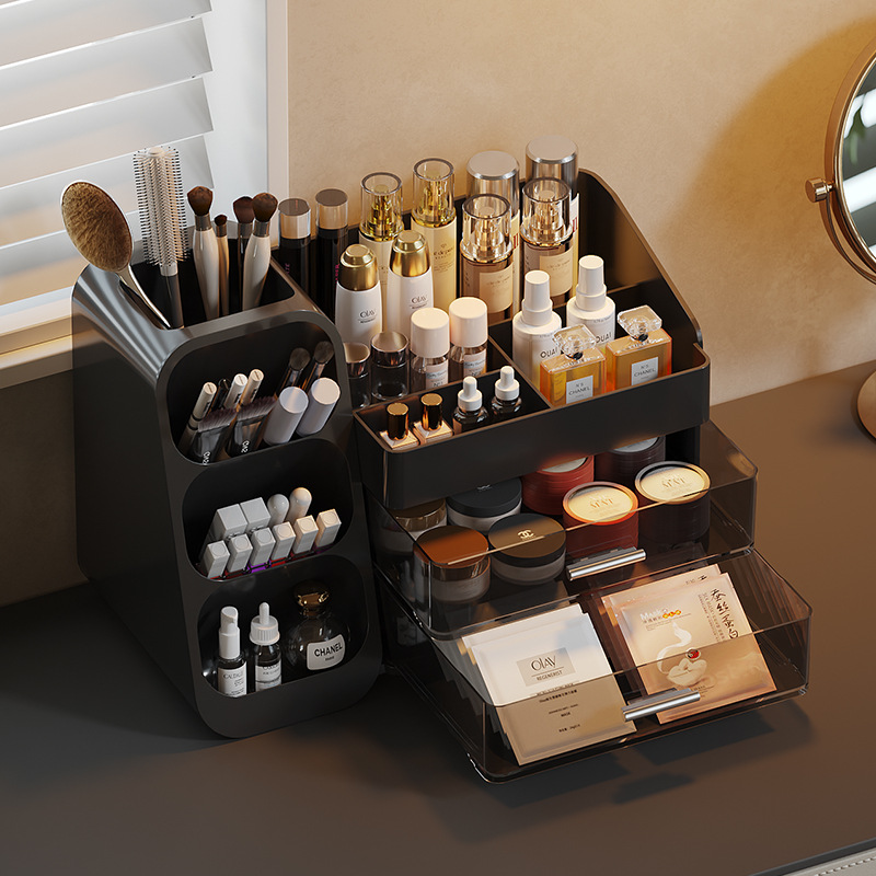 化妆品收纳盒桌面香水口红整理收纳架护肤品化妆刷笔筒分格梳妆台