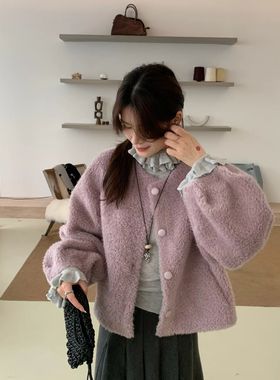 紫色软糯毛茸茸羊羔毛外套女2025冬新韩版加厚减龄皮毛一体小羚羊