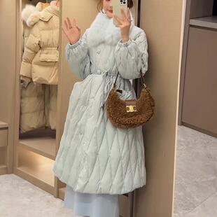 反季捡漏！冬新法式腰带显瘦长款过膝真毛领外套女轻薄羽绒服