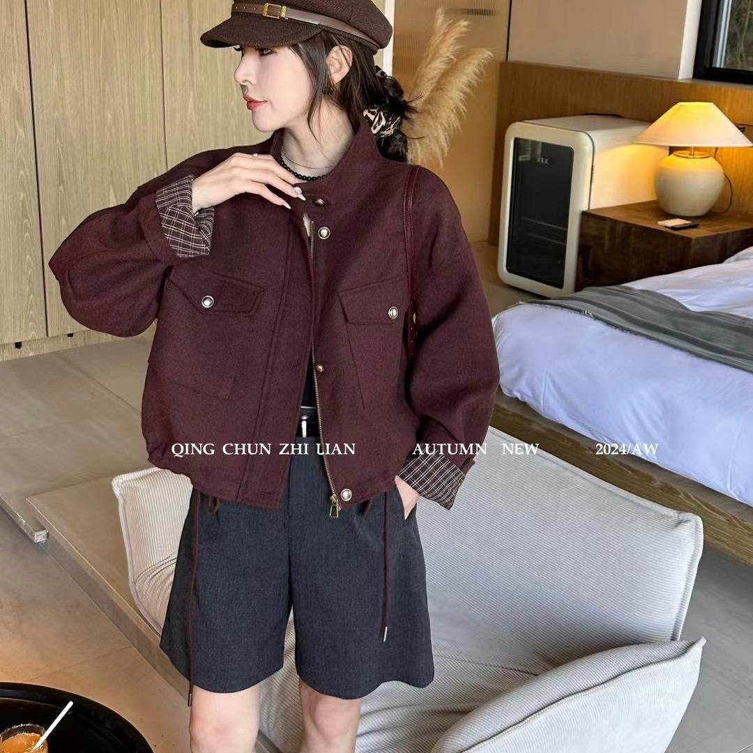 英伦风羊毛呢爆款外套2024秋格子拼接袖口拉链款夹克衫休闲外套女