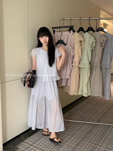 预2026夏季新韩系甜美风木耳边系带衬衫+高腰显瘦半身裙两件套女