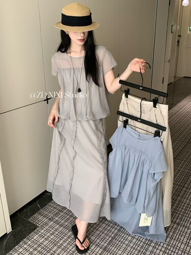 韩系温柔风圆领短袖上衣+木耳边半身裙两件套女夏季新时尚套装