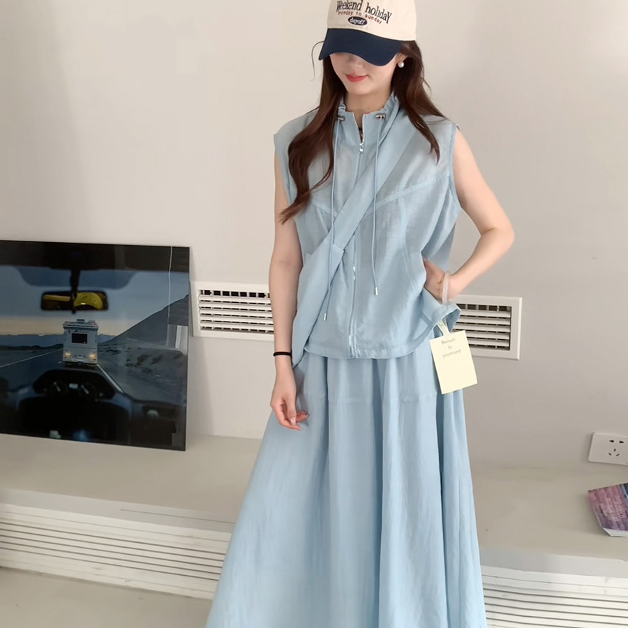 欧洲站2025夏季新款时尚百搭立领拉链马甲+高腰显瘦半身裙两件套