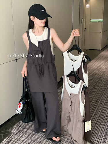 预韩系无袖背心叠穿阔腿裤三件套女26夏新款宽松显瘦遮肉时尚套装