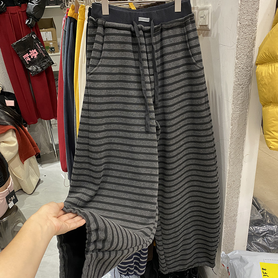 冬季加绒条纹裤子女韩版时尚慵懒加厚保暖抽绳两穿垂感宽松休闲裤