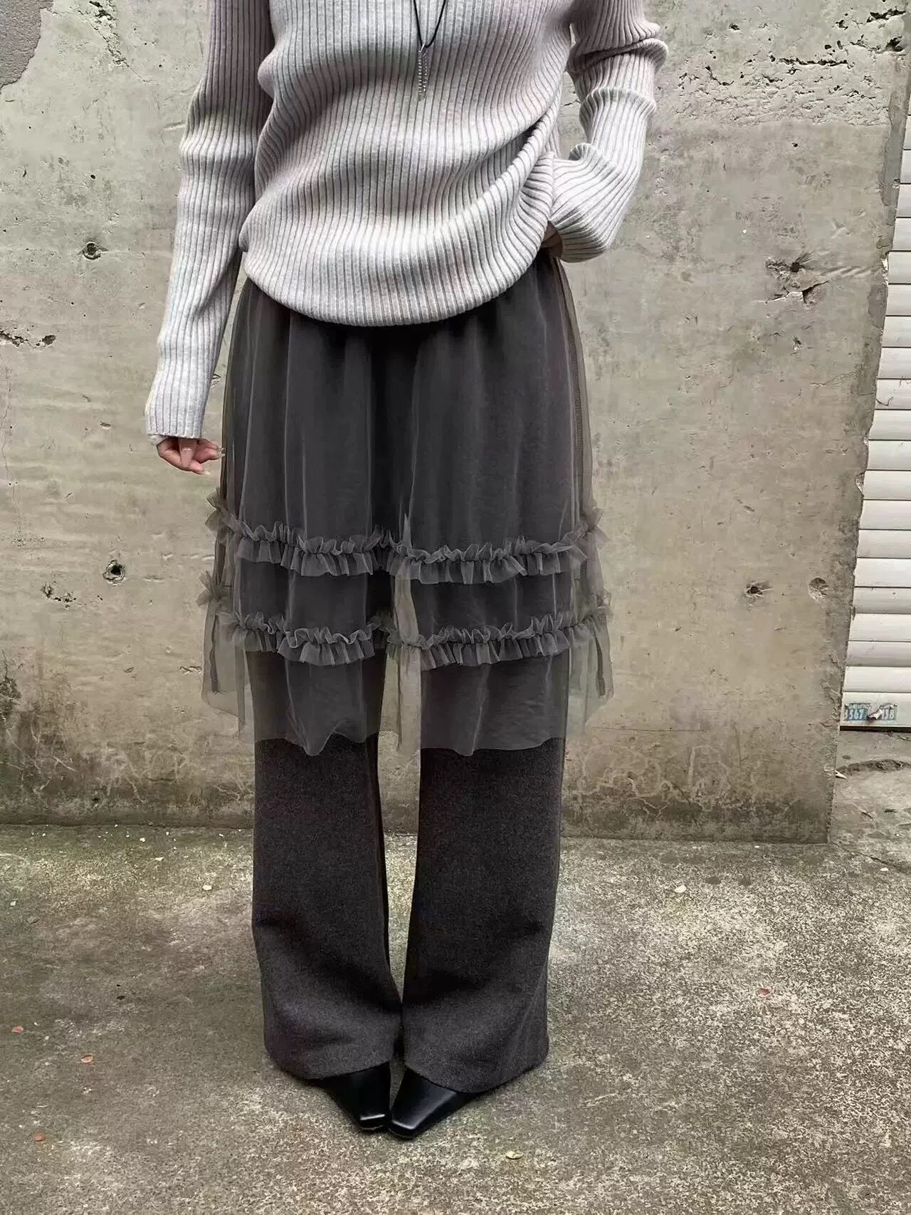 蕾丝网纱拼接高腰显瘦百搭毛呢假两件休闲裤女2025冬宽松阔腿长裤,女装/女士精品,卫裤,淘宝优惠券,粉丝福利购,淘宝优惠卷