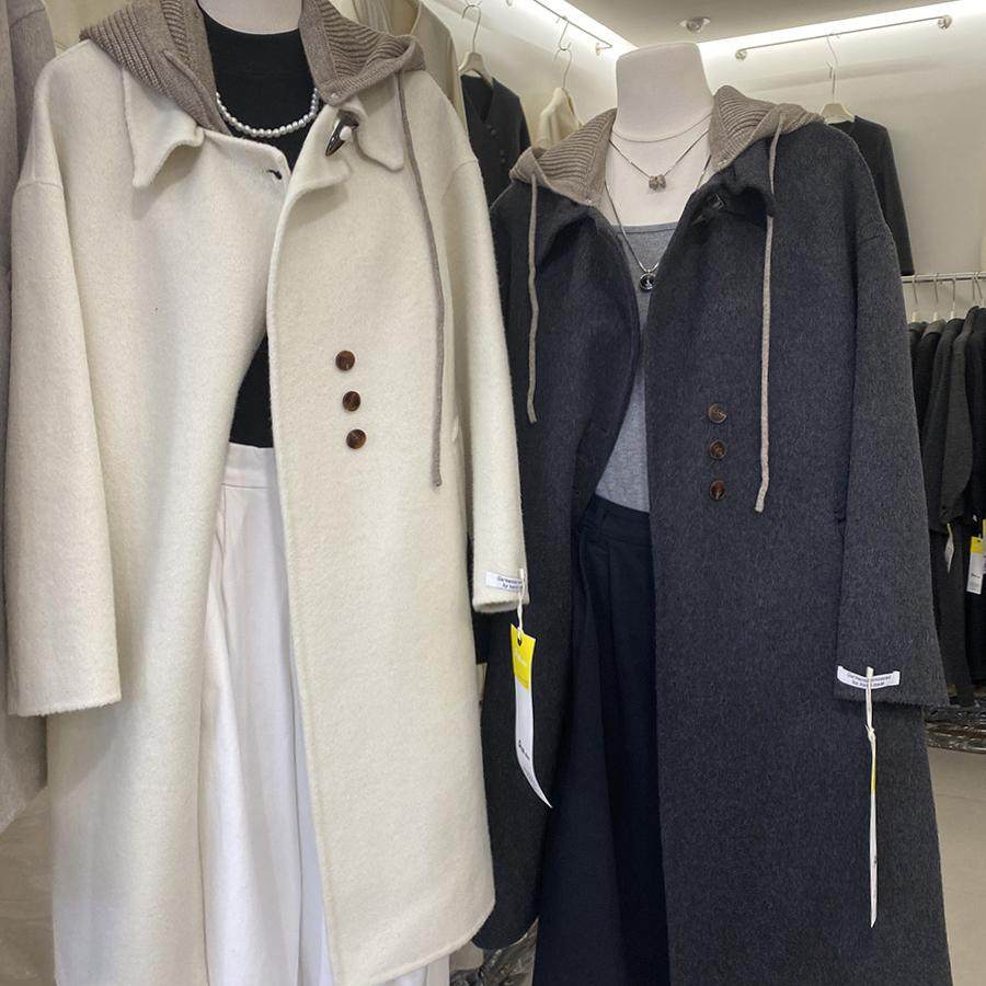 韩系中长款羊毛呢外套2024秋冬新款设计感可拆卸毛线帽撞色女上衣