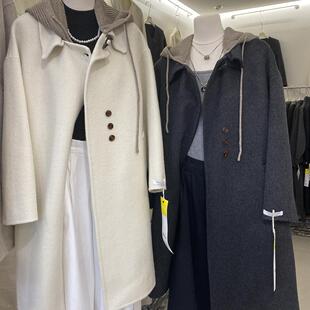 韩系中长款羊毛呢外套2026秋冬新款设计感可拆卸毛线帽撞色女上衣