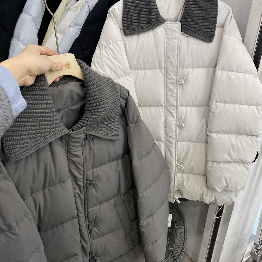 欧货针织翻领蓝色中长款羽绒服冬季新款2025加厚白鸭绒面包服外套