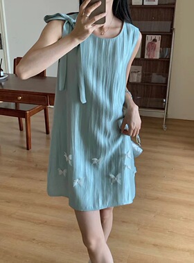 原创设计感珠光手工立体花朵宽松背心短款连衣裙夏季